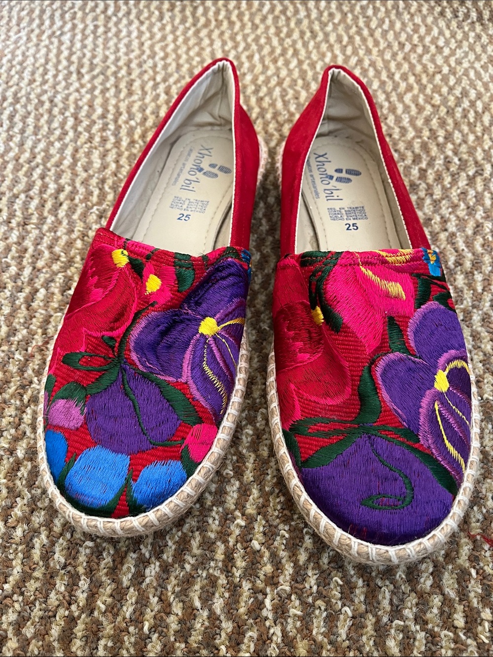 Embroidered Red Floral Slip-On Espadrilles with Purple Accents